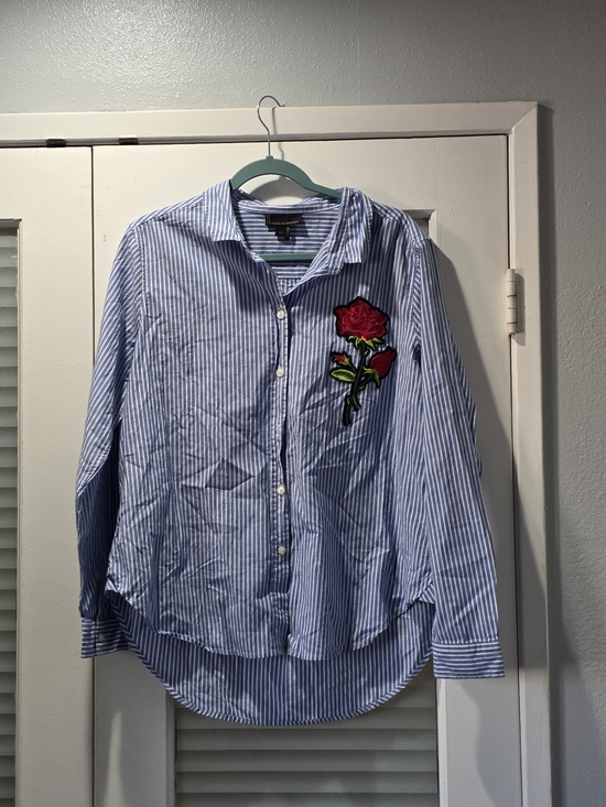 i jeans by Buffalo Tops - i jeans by Buffalo Blue & White Striped Button-Up with Red Rose Patch